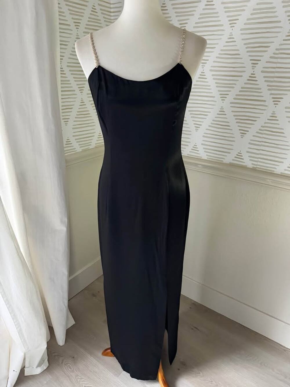 Vintage 90s Jessica McClintock Black Satin Flower Strap Maxi Dress - Medium